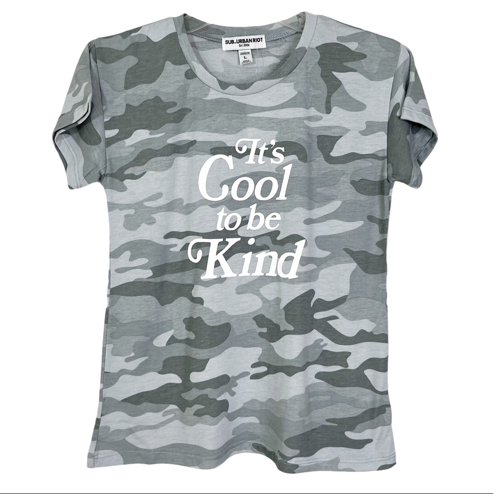 NWT Sub_Urban Riot Girl’s It’s Cool To Be Kind Grey Camo SS Crew T-Shirt Sz L